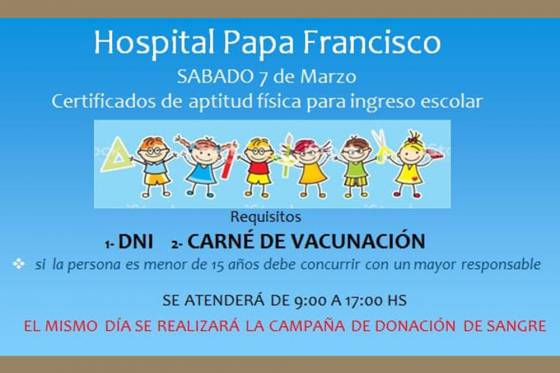 Emitirán certificados de salud y colectarán sangre en el hospital Papa Francisco