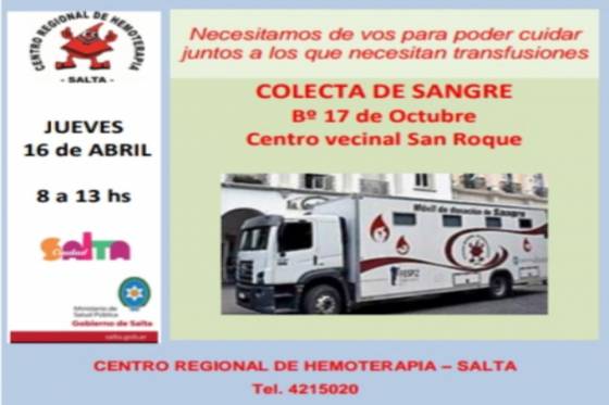 Hoy habrá colecta de sangre en el barrio 17 de Octubre