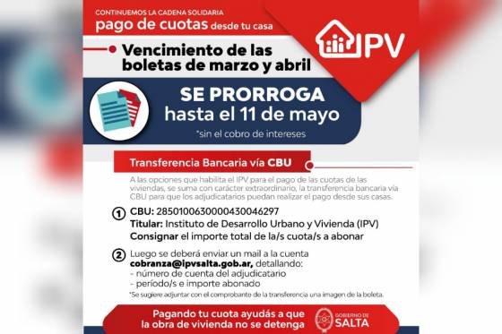 Hasta el lunes 11 se pueden pagar sin intereses las cuotas de marzo y de abril del IPV