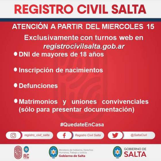 La atención en el Registro Civil será solamente con turnos