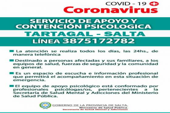 Servicio de apoyo y contención psicológica para Tartagal