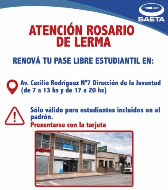 Renovación del Pase Libre Estudiantil en Rosario de Lerma