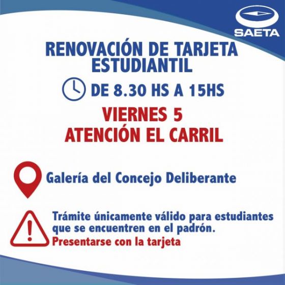 Mañana se renovará el Pase Estudiantil en El Carril