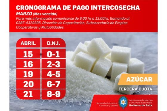 Comenzó el pago de la cuota Azúcar del Programa Intercosecha