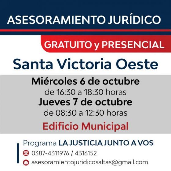 Vecinos de Santa Victoria Oeste y Nazareno recibirán asesoramiento jurídico gratuito