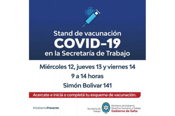 En la Secretaría de Trabajo habrá hoy un stand de vacunación contra el COVID-19