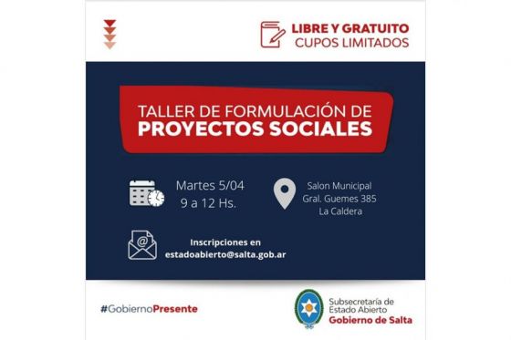 El Gobierno provincial realizará un taller sobre Formulación de Proyectos Sociales en La Caldera