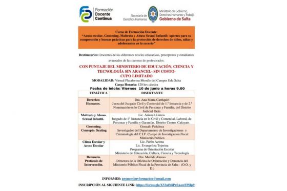 Curso de formación docente sobre derechos de la niñez y adolescencia en ámbitos escolares