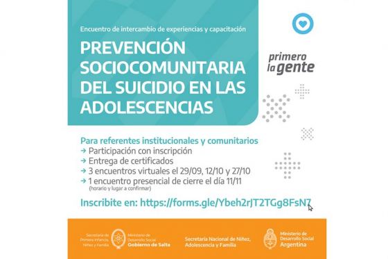 Están abiertas las inscripciones para la capacitación en prevención sociocomunitaria del suicidio en las adolescencias