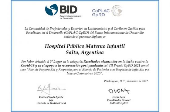 El hospital Materno Infantil recibió un premio internacional por su plan de respuesta a la COVID-19