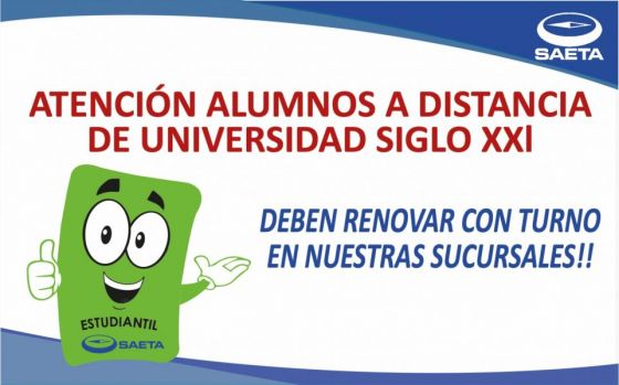 Renovación del Pase Libre para alumnos a distancia de Universidad Siglo XXI