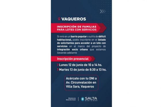 Inscripción de familias para lotes con servicios en Vaqueros